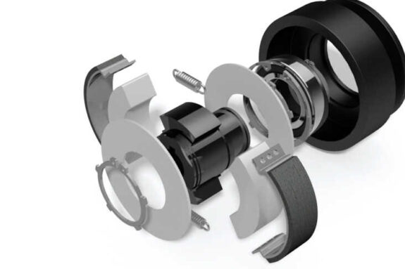 Exploded view of a centrifugal brake mechanism with housing and internal components for davit systems